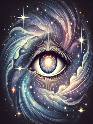 Awaken the Sleeper — The Mindlight Pen digital art artifact featuring a cosmic eye surrounded by swirling celestial clouds.