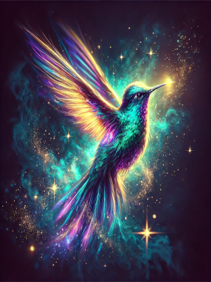 The Weaver of Aurora — The Mindlight Pen digital artifact featuring a luminous hummingbird against a cosmic nebula background.