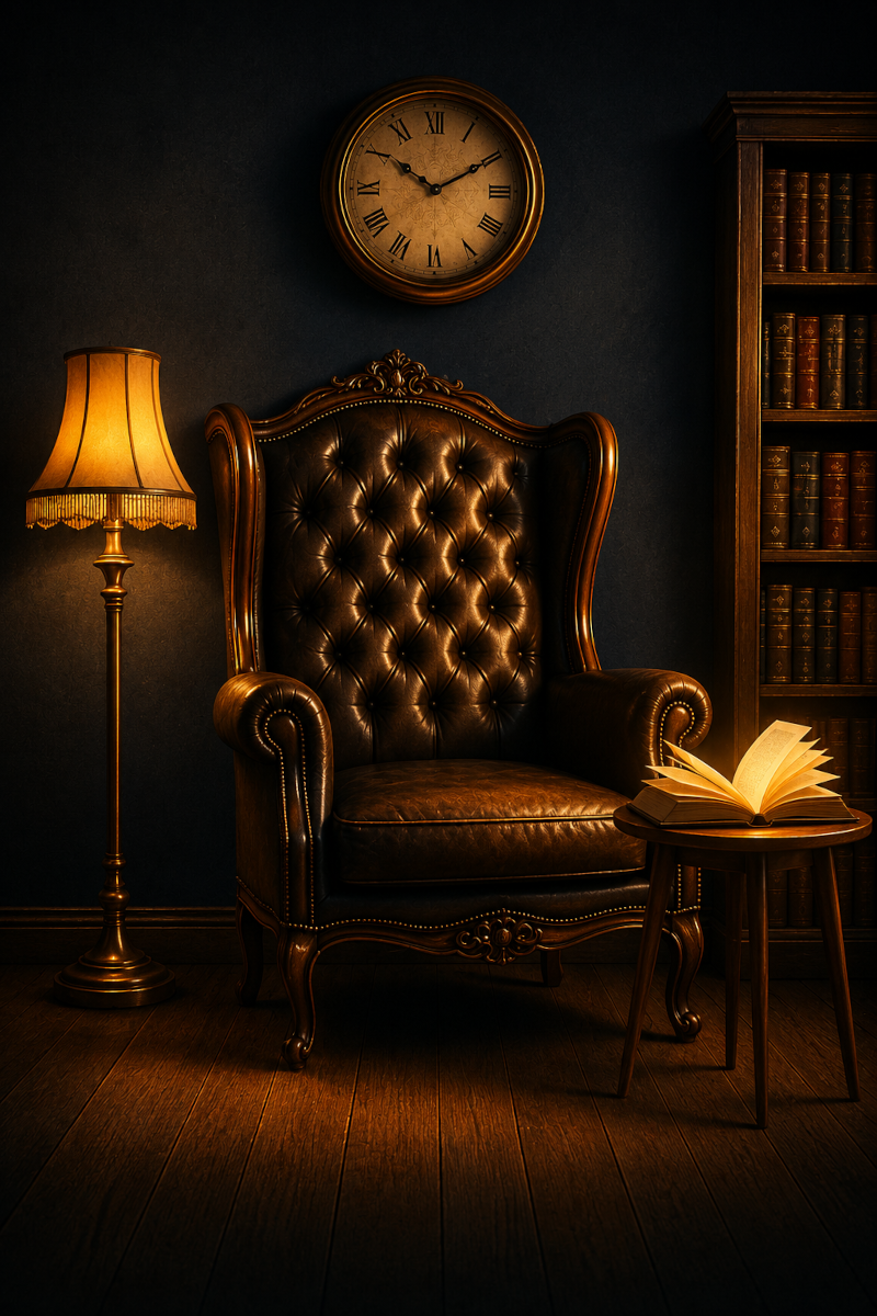 The Mindlight Pen literary salon featuring a leather reading chair, bookshelves, and an open book.